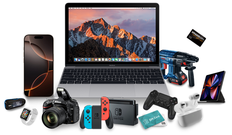 A collection of electronic gadgets available locally, featuring a smartphone, a laptop with a mountain background, a smartwatch, a camera, and more. Perfect for those looking to buy tech essentials like a gaming console with controllers, drill, earbuds, and memory card amidst various accessories.