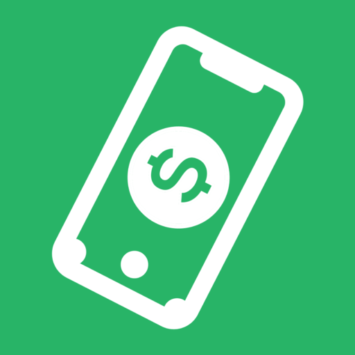 Illustration of a white smartphone icon with a dollar sign centered on its screen, set against a green background, perfect for local buy and sell apps.