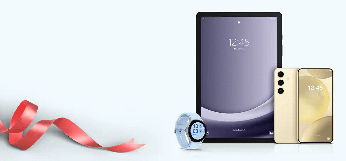 A set of tech gadgets against a light background: a tablet displaying 12:45, a smartphone in an upright standing position showing the same time, and a smart watch with a light blue band. A red ribbon is curved along the left side.
