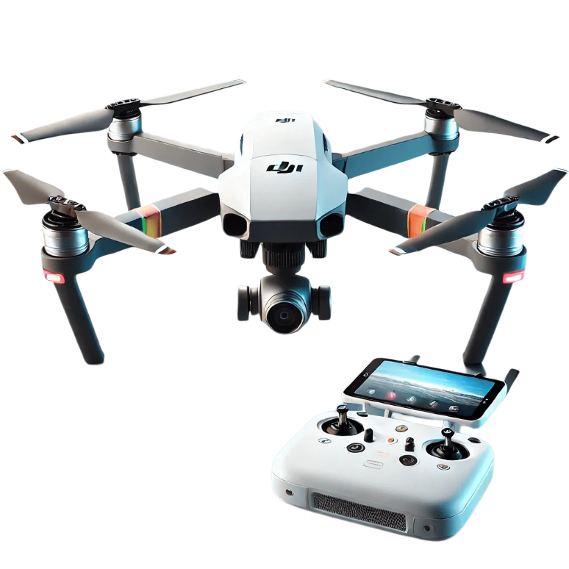 A quadcopter drone with a camera hovers above its remote control nearby. The local device features dual joysticks and a smartphone screen displaying the drones camera view. With four propellers and adjustable landing gear, its ready for any adventure you sell my way.