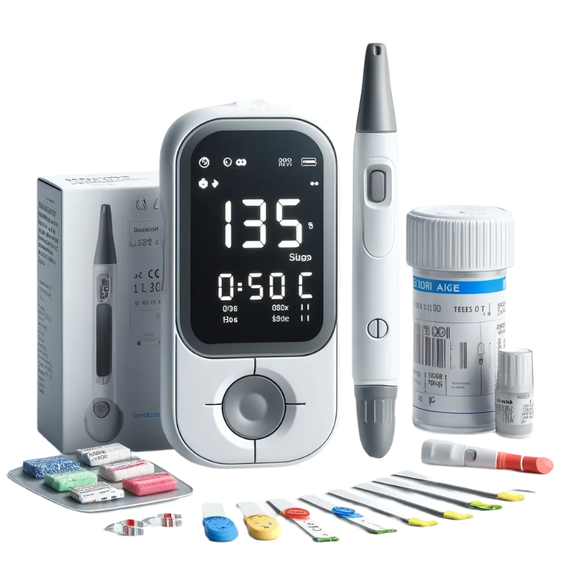 Discover a digital glucose meter kit that you can buy near me. It features a main device for blood sugar readings, a lancing device, test strips, vials of test strips, and small solution bottles. Assorted colored buttons and additional items are also included for your convenience.