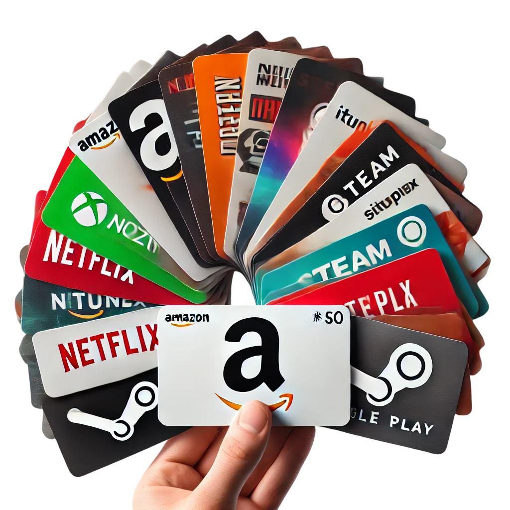 A hand displays a fan of gift cards, including Amazon, Netflix, Steam, and Google Play, spread in a semicircle against a black background. Its the best place to find all your favorite digital gifts in one spot.