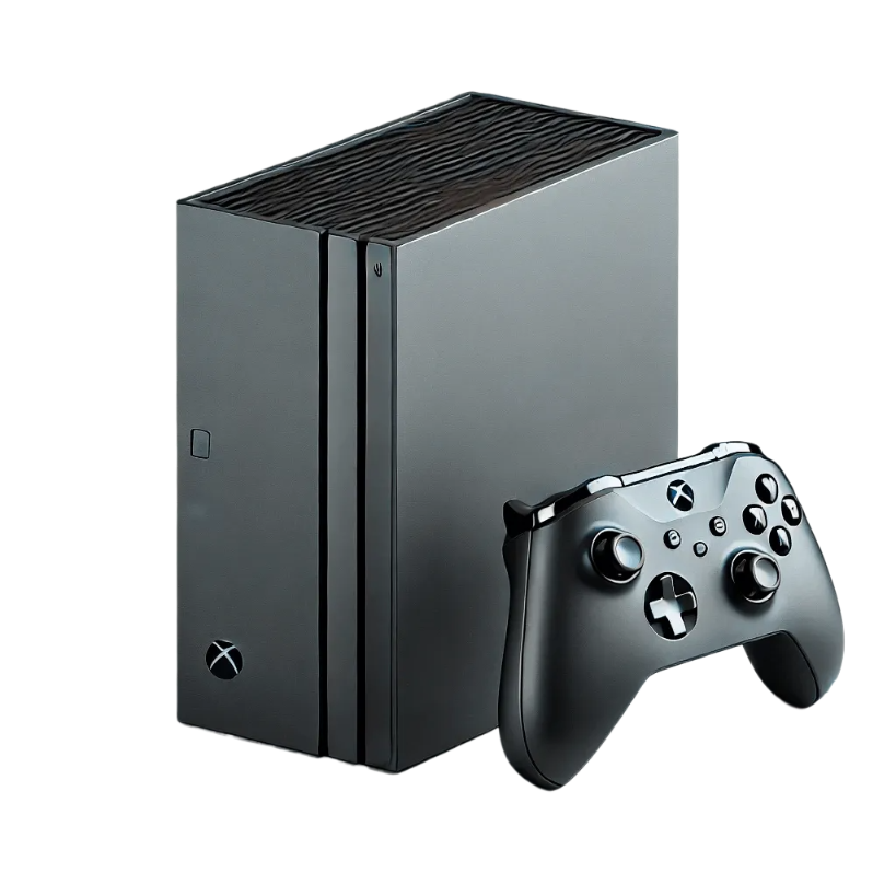 A sleek black gaming console stands vertically beside a matching wireless controller, featuring minimalist design elements. Perfect for those looking to buy locally, its modern aesthetic and easy-to-use buttons make it a must-have for any gaming enthusiast.