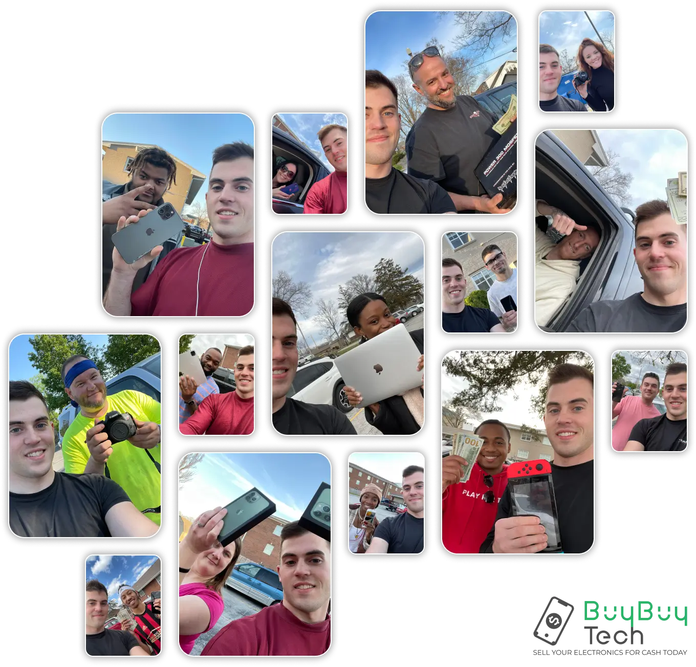 Collage of people posing with electronic devices like phones and tablets. Most images show a person holding a device while another takes a selfie alongside them, capturing moments with the latest local tech trends outdoors or near vehicles.