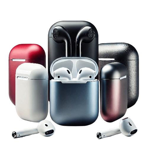 A variety of wireless earbuds in different colors—red, black, white, blue, and metallic—are displayed with their matching charging cases. Two earbuds lie in front of the cases, showcasing their sleek design.