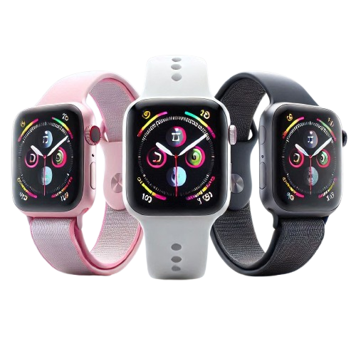 Three smartwatches are displayed side by side. They feature a dark screen with colorful icons and designs. The watch on the left has a pink band, the middle one has a white band, and the right one has a black band.