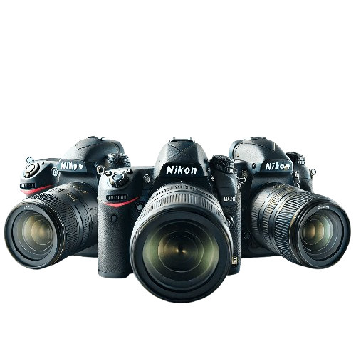 Three Nikon DSLRs with different attached lenses are arranged in a triangular formation. Each camera displays the Nikon logo prominently on the body. The lenses vary in size, suggesting different focal lengths.