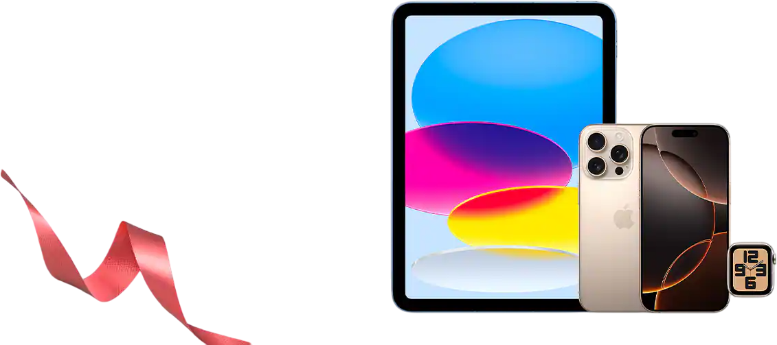 A tablet with a colorful display, a smartphone with three rear cameras, and a smartwatch with a digital clock face are arranged against a white background. A red ribbon curls on the left side.