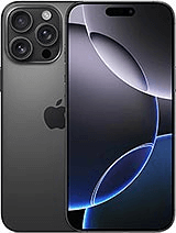 Two black smartphones, one facing forward and the other showing the back. The front screen displays abstract blue and black shapes, while the back features a triple-lens camera and the Apple logo.
