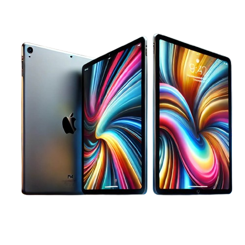 A tablet displayed in three positions: back view, and two front views showing vibrant, swirling screen designs. The devices have a sleek silver finish and a black frame around the screen.