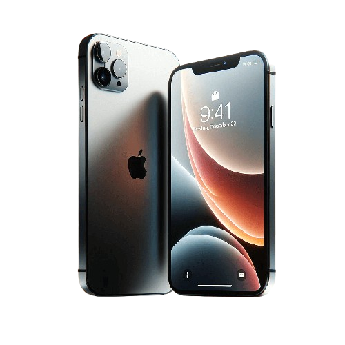 A modern smartphone with a sleek gray metallic back, featuring three rear cameras and an Apple logo. The front display shows the time as 9:41, with a colorful abstract background.