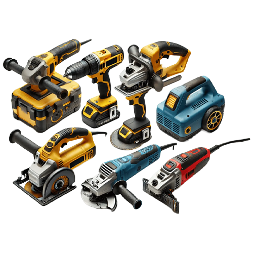 A variety of power tools arranged in two rows await eager buyers. The selection showcases drills, saws, and other handheld tools in vibrant yellow, blue, and red color schemes. Some come with batteries attached—ideal for anyone looking to buy local craftsmanship essentials.