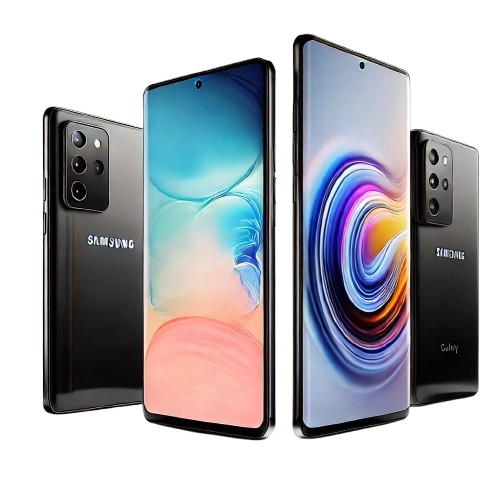 Two Samsung smartphones are displayed, one showing a colorful abstract swirl design and the other a blend of soft light blues and pinks. Both phones are angled to showcase their sleek black backs and camera arrays, inviting you to consider where to buy these striking devices near me.
