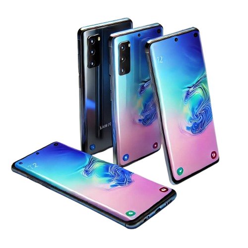 Three modern smartphones with vibrant screens displaying abstract blue swirls and app icons. Each phone has a sleek design, with one showing the back highlighting the camera setup, and the rest showing the front interface.