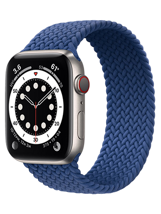 A smartwatch with a silver casing and a digital display showing the time and various metrics. It has a braided blue strap and a red ring on the side dial.