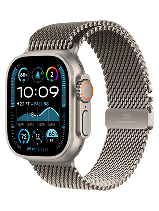 A smartwatch with a titanium case and mesh band. The display shows various fitness metrics, including heart rate and step count, alongside a graph and weather information. The time is 10:09. The side features a visible button and crown.
