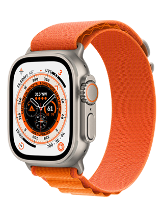 A smartwatch with an orange face displaying multiple dials and numbers, featuring a compass and weather info. It has an orange band and a side crown and button, set against a white background.