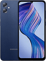 A Samsung smartphone with a navy blue back and dual rear cameras is shown. The front display features a colorful abstract design in blue and purple hues.