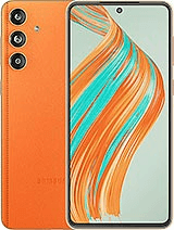 Orange smartphone with three cameras on the back. The front display shows an abstract design with orange and teal swirls.
