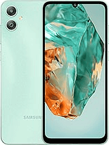A mint green smartphone with dual rear cameras and an embossed back design. The front screen displays an abstract image of green and orange glass-like textures. The brand name is visible at the bottom of the back.
