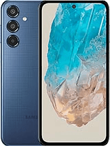 A smartphone with a blue rear featuring three cameras and a textured finish. The front screen displays a vivid image of a large, abstract, icy crystal against a light background.