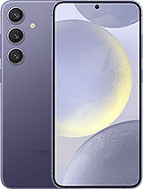 A smartphone with a purple back and triple camera setup is shown. The front display is on, featuring a minimalist wallpaper with abstract light circles on a soft gray background. The device has a sleek, modern design.