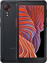 Front and back view of a rugged smartphone with a vividly colored, wavy pattern on the screen. The back has a textured surface and a single rear camera at the top left.