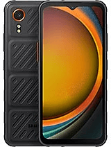 A smartphone with a rugged black exterior and textured back. The screen displays an abstract, colorful circular design in shades of orange and yellow. The phone has a single rear camera and a front screen with a small notch at the top.