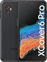 Samsung XCover6 Pro smartphone featuring a rugged design. The screen displays colorful abstract artwork, with the words XCover6 Pro visible along the side. The back has dual cameras and a textured finish.