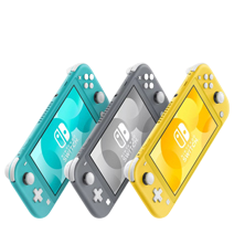 Three handheld gaming consoles are displayed in a row: a turquoise, a gray, and a yellow one. Each console has a screen showing the Nintendo Switch logo and visible control buttons.