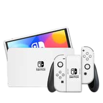 A white Nintendo Switch console with Joy-Con controllers is displayed. The screen is partially visible, showing vibrant colors and the Nintendo logo.