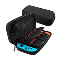 A black carrying case holds a handheld gaming device with blue and red controllers. The case is open, showing compartments and pockets.