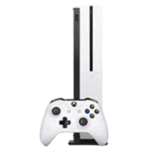 White gaming console standing vertically next to a matching wireless controller. The console has a sleek design with a black central line and disc slot. The controller features two thumbsticks, a D-pad, and colored buttons.