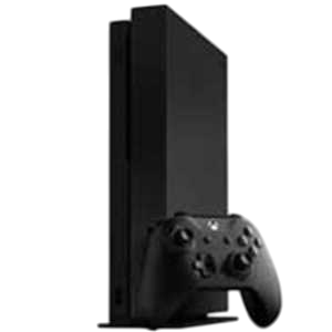 A black gaming console standing vertically with a matching black controller in front. The console has a sleek design, and the controller features multiple buttons and joysticks. The background is plain and dark.