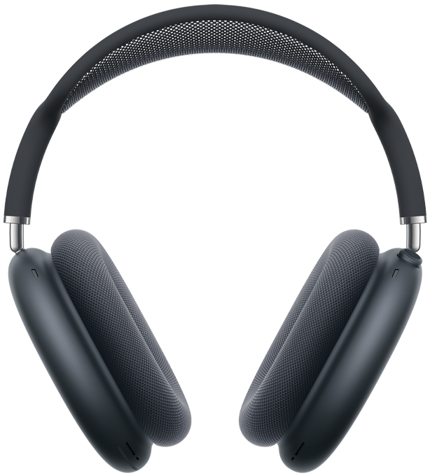 A pair of sleek, modern over-ear headphones with a dark gray, metallic finish. The headband is cushioned, and the ear cups have a mesh fabric texture, providing a comfortable and stylish look.