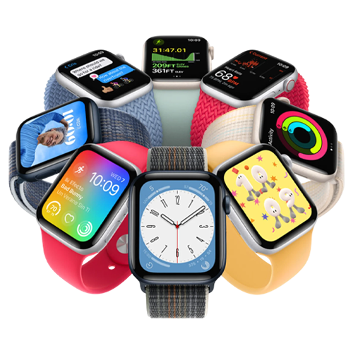 A group of various smartwatches with different screen displays and colorful bands arranged in a circle. The screens show diverse apps, health metrics, and customizable watch faces.