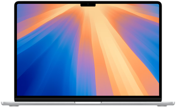 A laptop with a screen displaying a bright, abstract image featuring blue and orange rays emanating from the center. The laptop has a sleek silver design with a notch on the top of the screen.