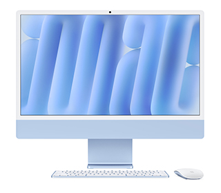 A sleek, modern desktop computer with a large screen displaying a blue abstract pattern. Below the screen, theres a matching blue keyboard and a white mouse, all set on a plain background.