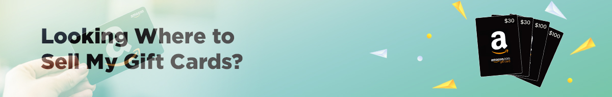 A hand holds a gift card on the left against a gradient green background. Text reads, Looking Where to Sell My Gift Cards? On the right, there are three Amazon gift cards with various amounts. Decorative white and yellow triangles are scattered around.