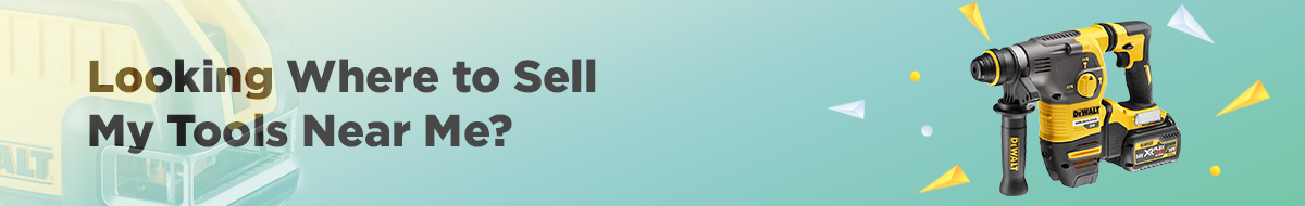 Banner with a background of a truck and a microphone power tool. Text reads, Looking Where to Sell My Tools Near Me? The power tool is positioned on the right side of the banner.