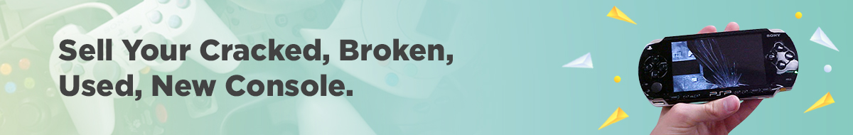A banner with text Sell Your Cracked, Broken, Used, New Console. A hand holds a broken PSP with visible cracks on the screen. Background features gaming controllers in grayscale and yellow geometric shapes for decoration.
