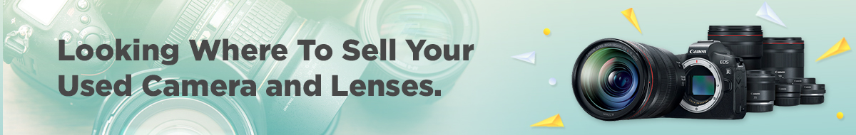 Banner with text Looking Where To Sell Your Used Camera and Lenses. on a background of camera lenses. To the right, theres an image of a DSLR camera and lenses.