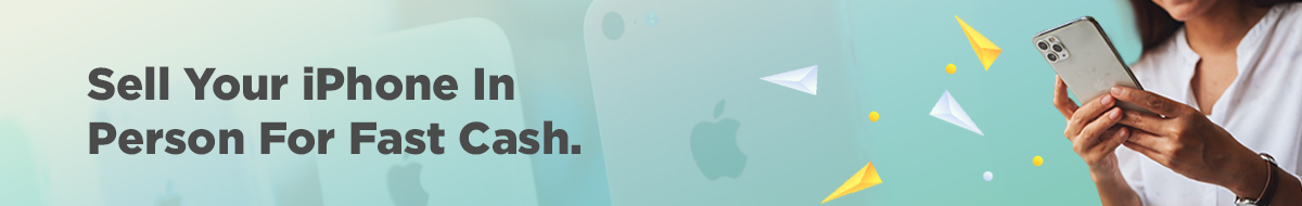 A person holding an iPhone, with the text Sell Your iPhone In Person For Fast Cash beside them. Abstract triangle shapes and phone icons in the background.