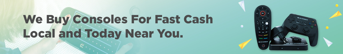 A banner with the text We Buy Consoles For Fast Cash Local and Today Near You. It shows various gaming controllers on the right and a person holding a retro console on the left. Colorful geometric shapes are in the background.