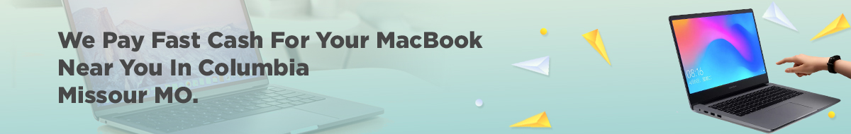 Banner with text: We Pay Fast Cash For Your MacBook Near You In Barnhart Missouri MO. Features two laptops, one displaying a colorful screen and a hand pointing at it. Background has paper planes and a light gradient.