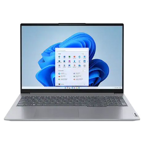 A sleek silver laptop with a Windows operating system is open, displaying a screen with various apps and a blue abstract wallpaper. The laptop features a full-sized keyboard and a large touchpad, set against a white background.